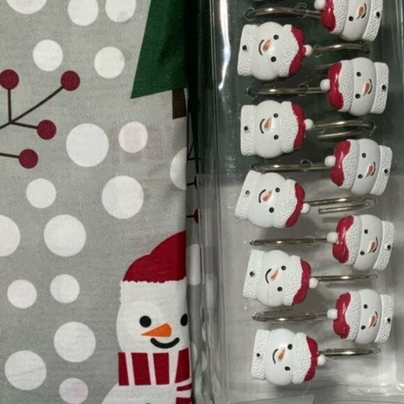 Christmas Bath Snowman Santa Fabric Shower Curtain 72 x 72 Hook Set Grey 13 PC - Picture 8 of 15